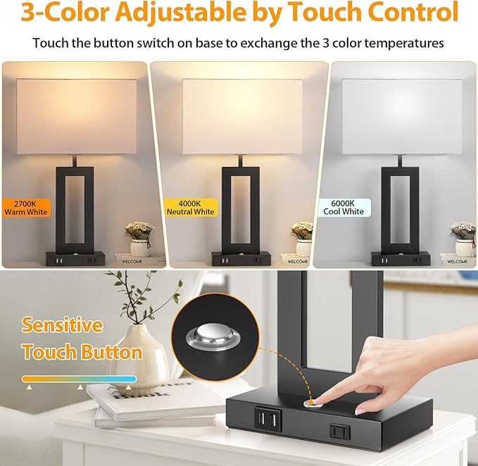 27.2’’ Tall Black Table Lamps for Living Room Bedroom, Bedside Touch Control Lamps with 2 USB Ports&AC Outlet, 3 Way Dimmable&Stepless Dimming Desk Lamp Sets for Home Office, Pre-assembled White Shade