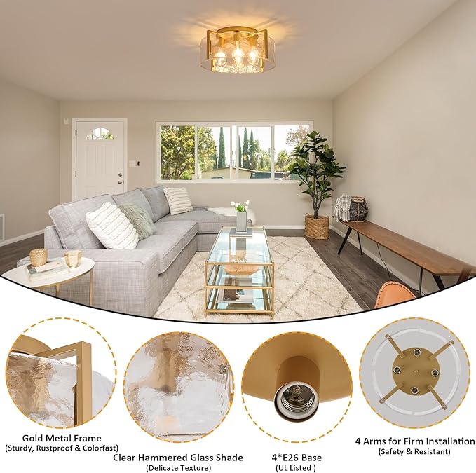 Semi Flush Mount Ceiling Light Fixture, 4-Light Gold Modern Hallway Light Fixtures Ceiling Mount, Foyer Kitchen Lighting Fixtures Ceiling Lights for Bedroom Entryway Bathroom Laundry Room