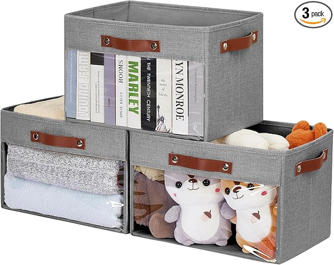 Large Storage Baskets with Clear Window, See Through Closet Organizer with PU Handles, Linen Foldable Storage Bins for Organizing Clothes, Toys, Books (Gray)