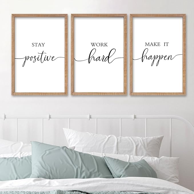 SRSZHIYUE Office Motivational Decor 16"×11" Set of 3 Stay Positive Work Hard Make It Happen Inspirational Quotes Wooden Framed Wall Hanging Art (Wood)