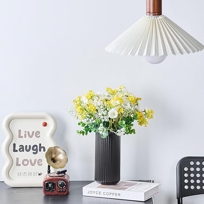 Black Ceramic Flower Vase for Pampas Grass, 8 inch Small Decorative Centerpiece Ribbed Vase for Dining Table, Office Desktop, Shelf Bookshelf, Mantel, Entryway, Bathroom, Countertop, Farmhouse, Gift