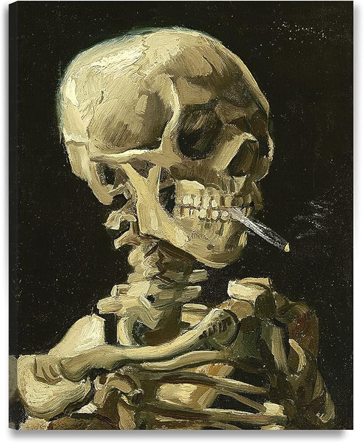 DECORARTS - Head of a Skeleton with a Burning Cigarette. Vincent Van Gogh Art Reproduction. Giclee Print on Canvas. Wall Art for Home. 40x32