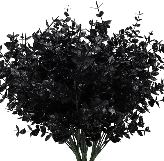 RECUTMS Black Artificial Flowers, Fake Outdoor UV Resistant Plants Faux Plastic Greenery Shrubs Indoor Outside Hanging Planter Halloween Flower Decoration, Garden Decor (Black Eucalyptus)