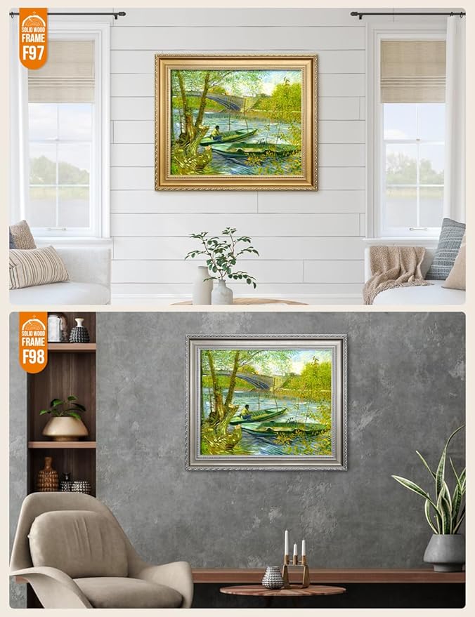 DECORARTS - Fishermen And Boats From The Pont De Clichy - Vincent Van Gogh Giclee Prints w/Antique Brown Frame for Wall Decor. Picture Size: 20x16, Total Size w/Frame: 23x19