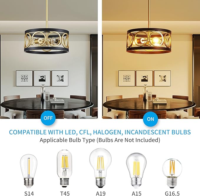 XINGQI 3-Light Modern Chandelier, 13" Pendant Light Height Adjustable Dining Room Light Fixtures for Bedroom Living Room Kitchen Metal Black and Gold