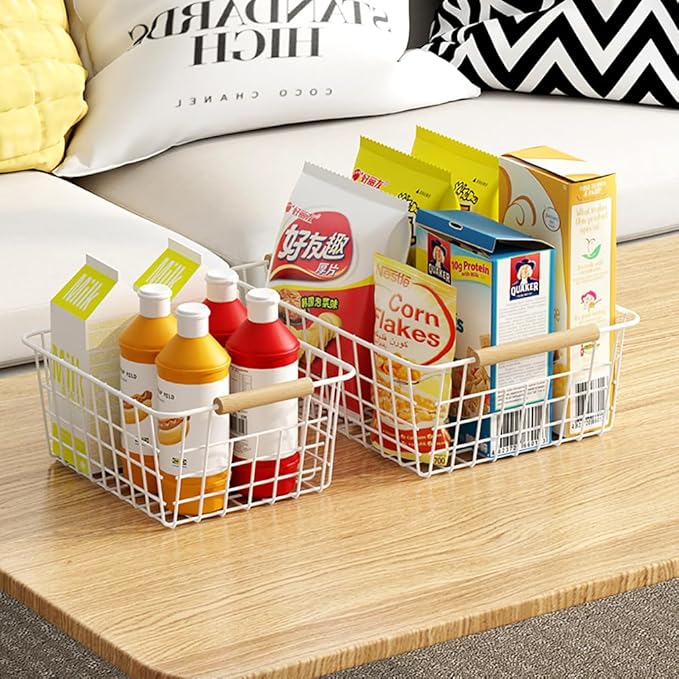 LeleCAT white wire baskets for organizing with Wooden Handles Storage Organizer Baskets, Household snack basket for Cabinets, Pantry, Closets, Bedrooms, pantry organizers and storage - Set of 2（White）