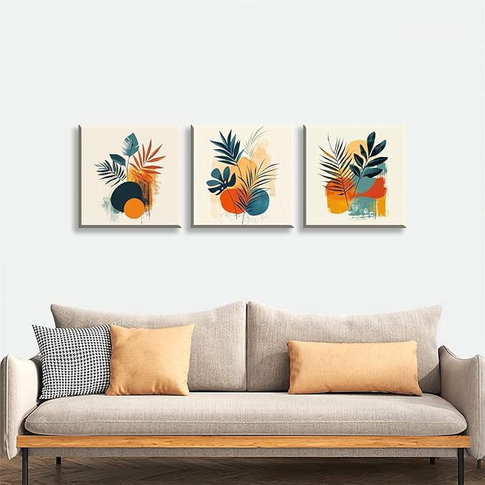 NAN Wind 3Pcs Modern Abstract Botanical Canvas Wall Art Colorful Leaf Prints Contemporary Floral Art for Living Room Minimalist Plant Decor Geometric Canvas Set Ready to Hang for Home Decor
