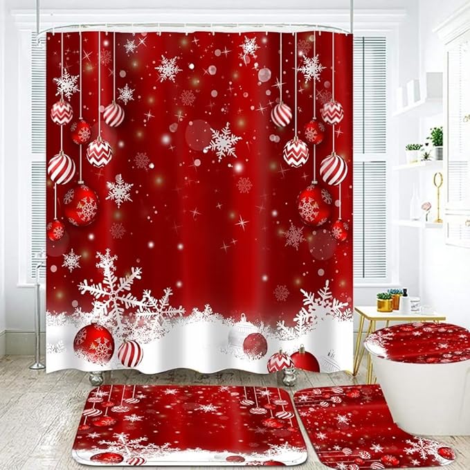 FZDHHY 4PCS Christmas Red Bathroom Decor Set Christmas Decorative Ball Shower Curtain Set Snow Bathroom Set Festivals Shower Curtains for Bathroom with Hooks 72x72 inch