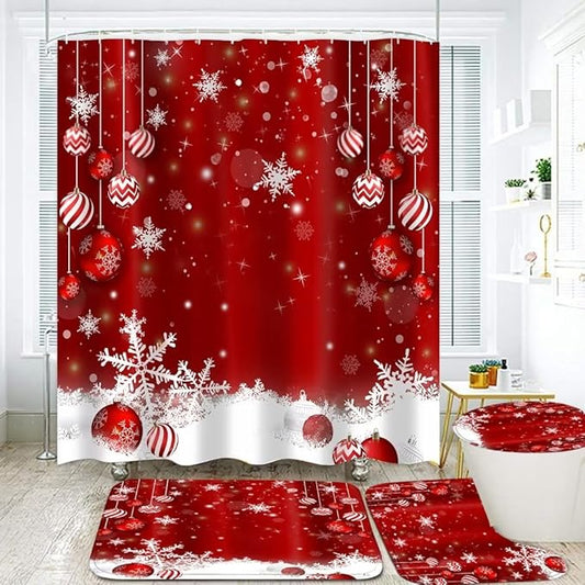 FZDHHY 4PCS Christmas Red Bathroom Decor Set Christmas Decorative Ball Shower Curtain Set Snow Bathroom Set Festivals Shower Curtains for Bathroom with Hooks 72x72 inch