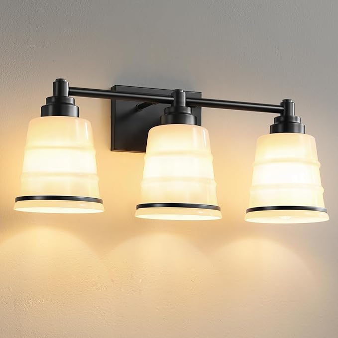 Black Bathroom Vanity Light Fixture,3 Light Bathroom Light Fixtures Over Mirror with Milky White Glass and Metal Base Wall Sconce,21.3 inch Modern Vanity Light for Bathroom (Exclude E26 Bulb)