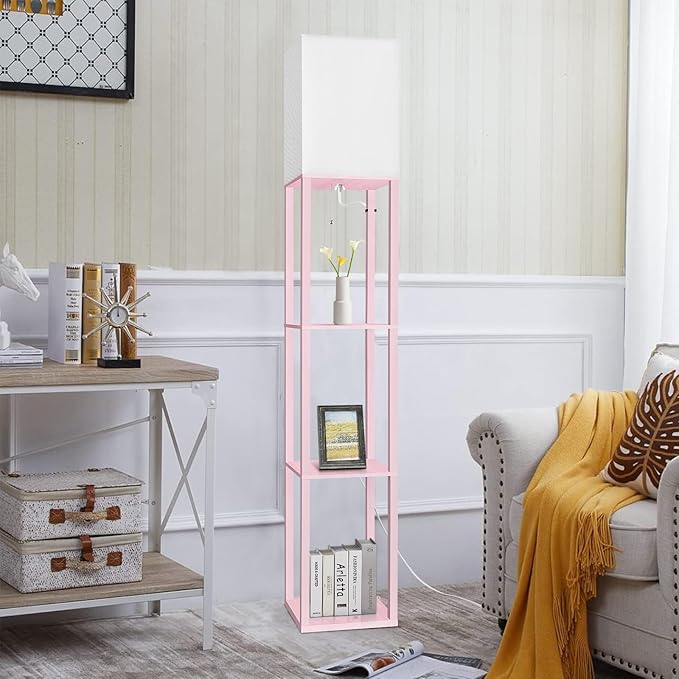 Dott Arts Floor Lamp with Shelves, Floor Lamps for Living Room Decor Display Shelf Lamps with 3 Color LED Bulb, Modern Floor Lamp for Bedroom Standing Lamp for Living Room Office,Home Decor（Pink）