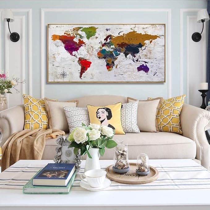 Framed Wall Art World Map Wall Art Canvas Picture 30inx60in Large Antiqued Map of The World Canvas Painting Artwork Prints for Office Wall Decor Home Living Room Decorations Framed Ready to Hang