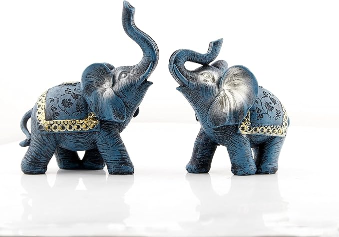 Blue Thai Couple Elephants Figurines Statues Elephant with Trunk Up Gifts for Desktop Decoration Home Crafts Ornament