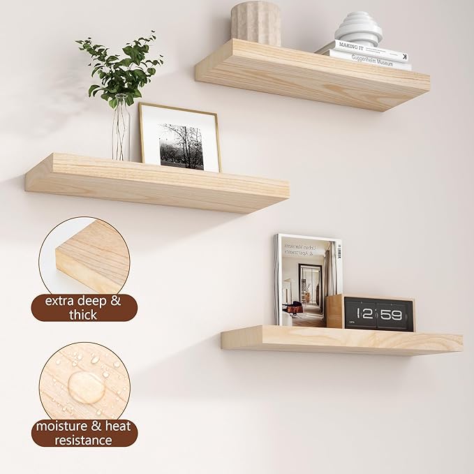 fuqing Natural Wood Floating Shelves - Wood Floating Shelves for Wall Set of 3-17 Inch Wide x 6.7 Inch Deep Natural Wooden Shelves for Living Room Bedroom Home Office