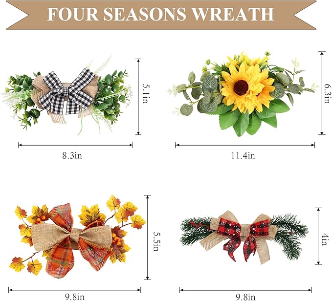 Interchangeable Seasonal Welcome Sign Front Door Decoration with 4 Seasonal Wreaths and LED Light, Rustic Round Wood Wreaths Wall Hanging Outdoor, Farmhouse Front Door Decoration Home Décor