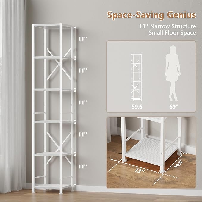Furologee White Bookshelf 6 Tier Tall Narrow Bookcase, Modern Display Standing Shelf Unit, Metal and Wooden Storage Corner Shelves Organizer for Bedroom, Living Room, Office, Bathroom