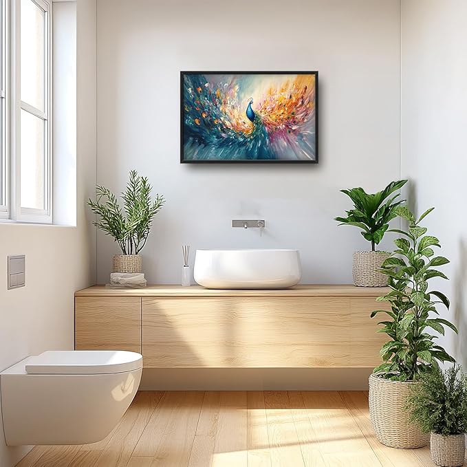 Flintis Large Colorful Peacock Framed Wall Art Peacock Feathers Pictures Wall Decor Abstract Animal Canvas Painting Print Artworks Decor Framed for Living Room Bathroom Master Bedroom 36L X 24W