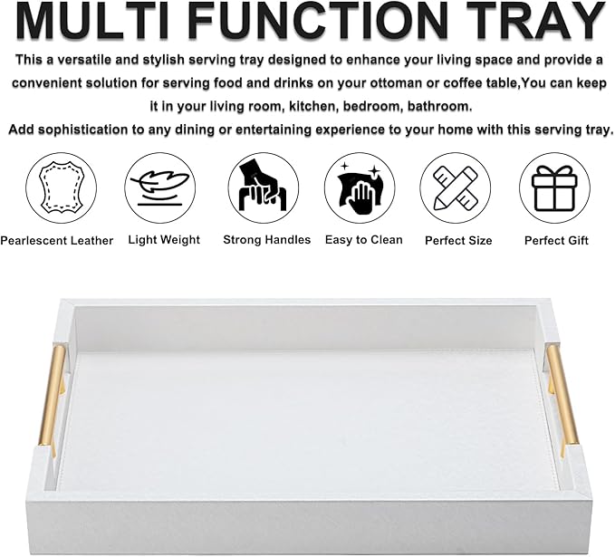 White Decorative Tray for Coffee Table, Modern Large Ottoman Tray for Living Room,Drink Coffee Serving Tray