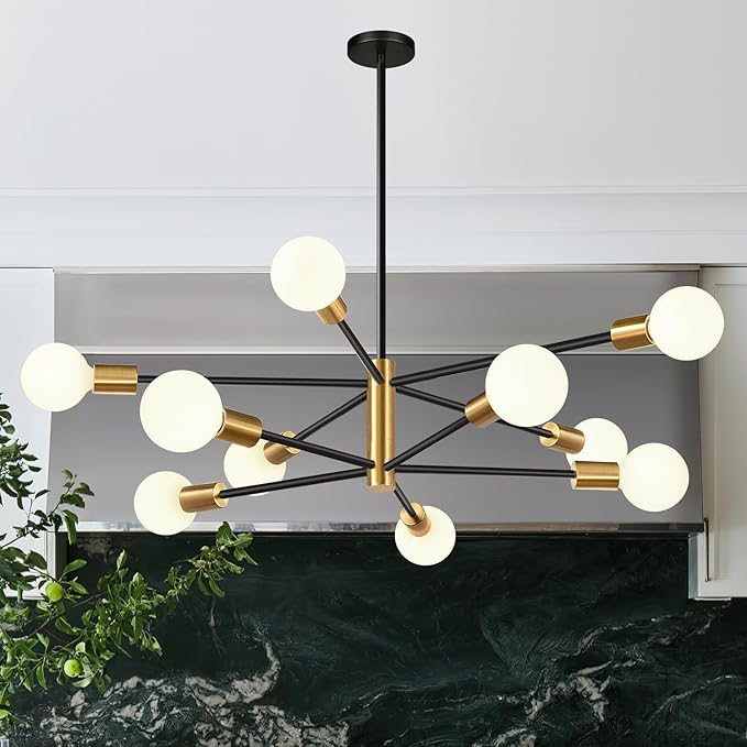 33" Modern Chandelier Ceiling Light Fixture, 10-Light Sputnik Chandeliers Gold and Black Dining Room Light Fixture, Height Adjustable Chandeliers for Dining Room Living Room Kitchen Island