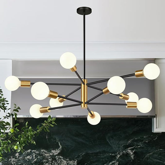 33" Modern Chandelier Ceiling Light Fixture, 10-Light Sputnik Chandeliers Gold and Black Dining Room Light Fixture, Height Adjustable Chandeliers for Dining Room Living Room Kitchen Island