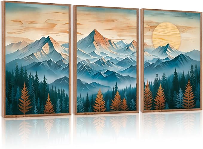 CHDITB Mountain Landscape Framed Canvas Wall Art Set, Nature forest Inspired Wall Decor, Sunset Art Spiritual Wall Painting, Vintage woodcut Art Prints for Living Room, Bedroom, Office-16 x24 x3