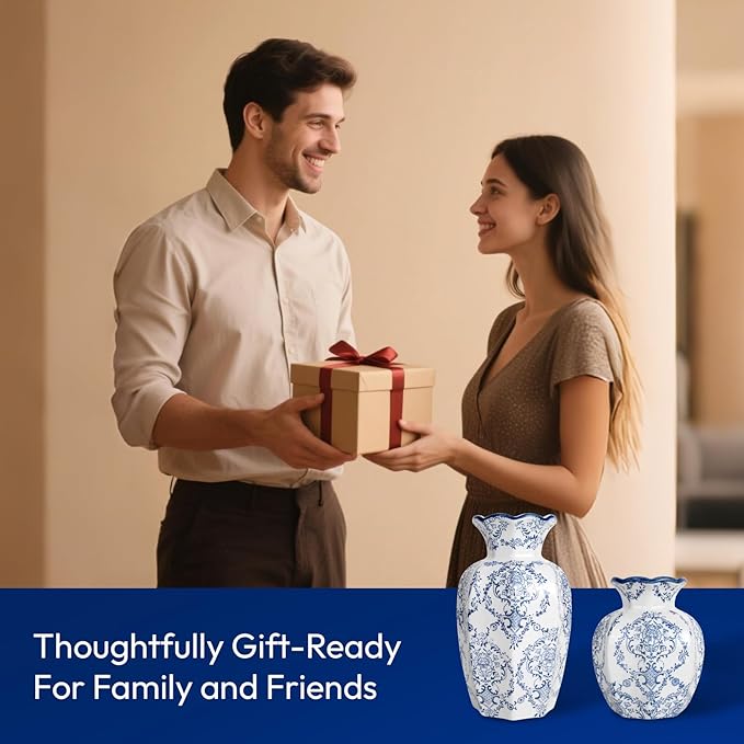 Chinoiserie Vase,Blue and White Vase,Vintage Ceramic Vases,Flower Vase for Centerpiece,Chinese Cute Vases for Living Room, Office,Home Decor (Blue White, Small)