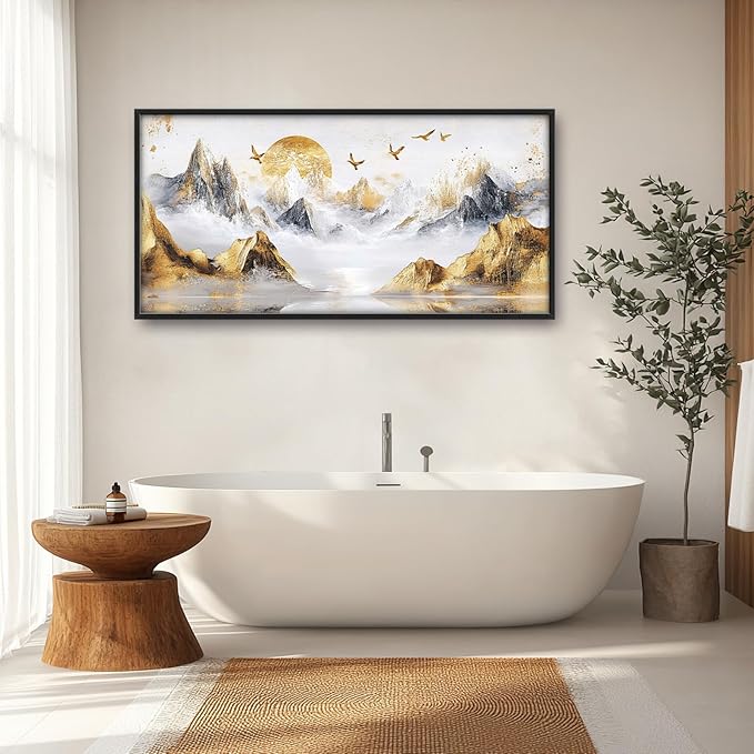 Extra Large Framed Abstract Mountain Wall Art,Golden Silver Sun Bird Wall Decor,Mountain Landscape Pictures for Living Room,Canvas Print Painting Modern Artwork Bedroom Office Bathroom 60L x30W