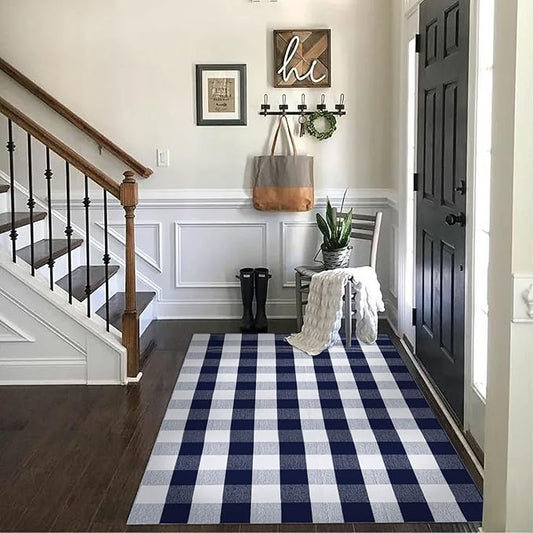 SEEKSEE Cotton Buffalo Plaid Rug 4'x6' Navy Blue and White Hand Woven Checked Rug Washable Doormats Indoor Outdoor Rugs for Layered Front Door Mats, Porch, Kitchen, Farmhouse, Entryway