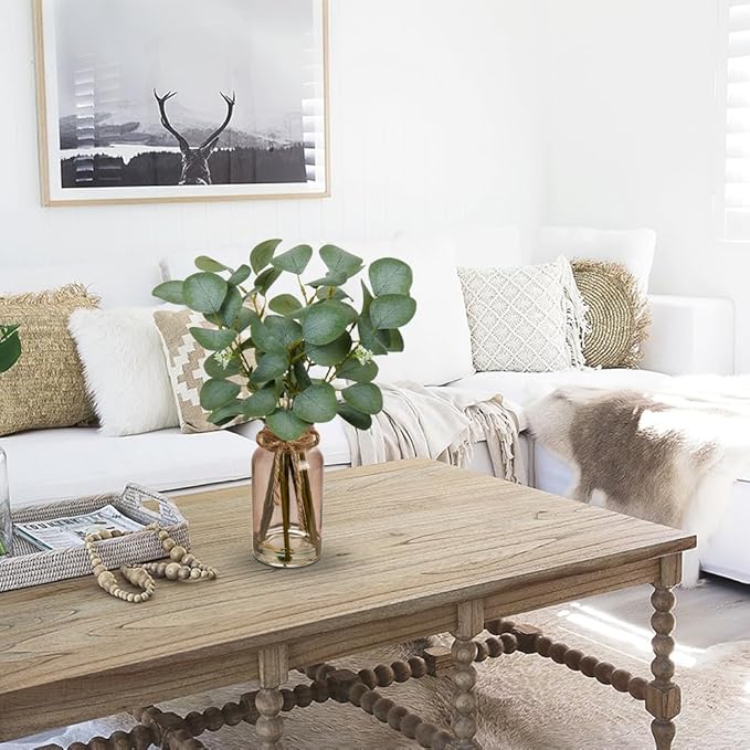 Briful Artificial Eucalyptus Stems in Teal Glass Vase with Faux Water, 14" Fake Plant Eucalyptus Leaves for Home Farmhouse Wedding Centerpiece Bathroom Décor