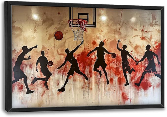 Flintis Large Basketball Sports Framed Wall Art Basketball Players Pictures Wall Decor Abstract Graffiti Canvas Painting Print Artworks Framed for Living Room Bathroom Master Bedroom 36L X 24W