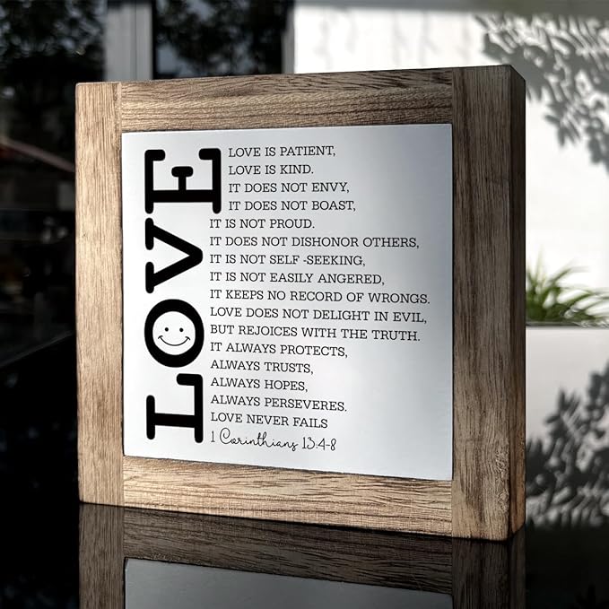 Loves Quote Wood Sign, Bible Verse Decor Art, Christian Home Decor for Living Room Bedroom, Couple Gift for Wedding Anniversary, Scripture Corinthians 13:4-8a Signs, Love is Patient Love is Kind Sign