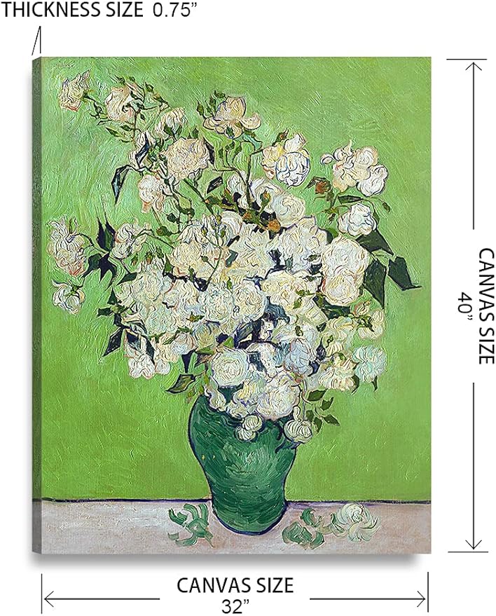 DECORARTS - Pink Roses in a Vase, Vincent Van Gogh Art Reproduction. Giclee Print on Canvas. Wall Art for Home. 40x32