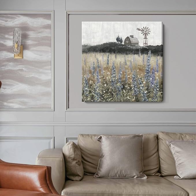 Farmhouse Wall Art for Living Room Classical Scenery Canvas Print Rustic Countryside Wildflower Field Landscape Nature Wilderness Meadow Picture Vintage Windmill Barn Painting Framed Artwork 24x24inch