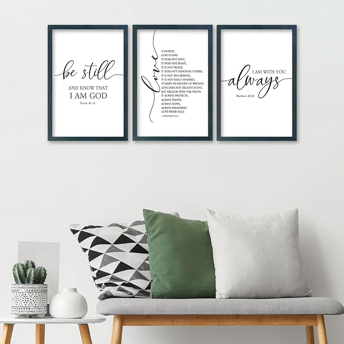 SRSZHIYUE Bible Verses Wall Decor Be Still Love Is Patient I Am With You Always 16"×11" Set of 3 Wooden Framed Scripture Living Room Wall Hanging Art (Black)