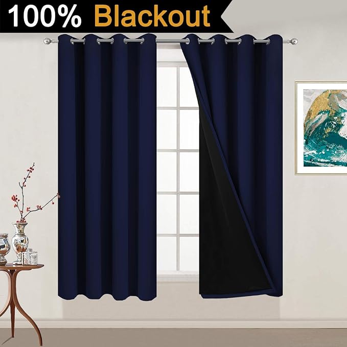 Yakamok Total Blackout Curtains 54 Inches Long, 100% Blackout Drapes for Bedroom, 2 Thick Layers Grommet Top Thermal Insulated Drapes for Living Room(52Wx54L, Navy Blue, Set of 2)