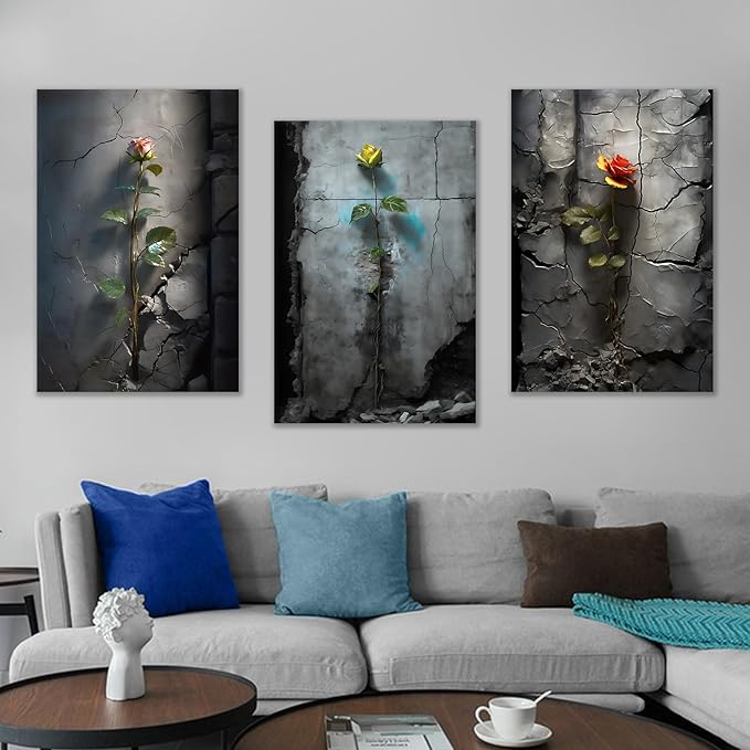 3 Pieces Large Size Poster Canvas Wall Art Inspirational Roses Grow in The Cracks of The Wall Vintage Theme Painting Artwork for Living Room Office Gallery Hotel Stretched and Framed [72''W x 36''H]