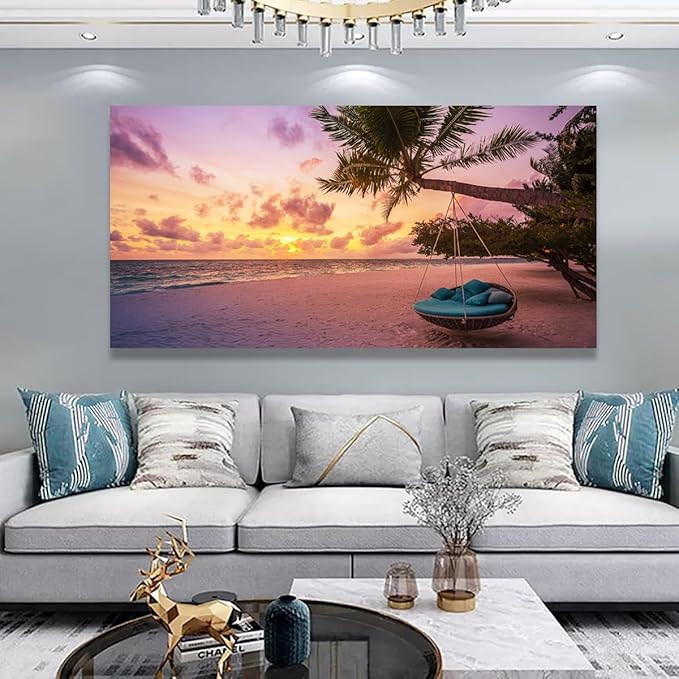 Purple Beach Palm Pictures Canvas Wall Art For Living Room Bedroom Wall Decor,Sunset Wall Art Print Paitnings For Home Decor,Morden Artwork Coconut Tree Canvas Art Ready To Hang-28x57 Inches