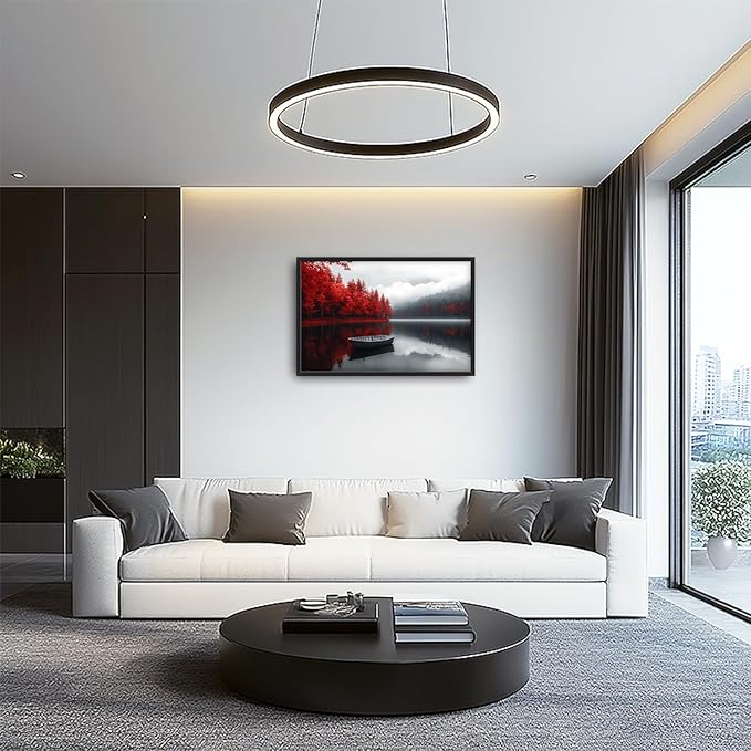 Olivine Lake Large Wall Art, Red Forest Pictures Wall Decor, Black And White Landscape Paintings, Boat Canvas Prints, Framed Artwork for Dining Room Bedroom Living Room Office Bathroom Home 36"x24"