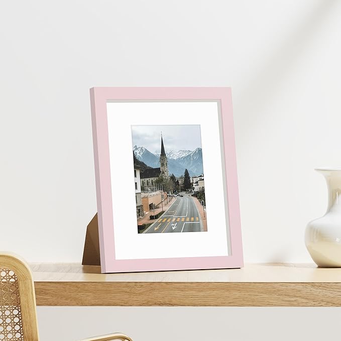 Vittanly 8x10 Picture Frame Set of 9 - Display 5x7 Photos with Mat or 8x10 Without Mat, Wall Mount & Tabletop Frames for Home Decor, Horizontal or Vertical (Pink)
