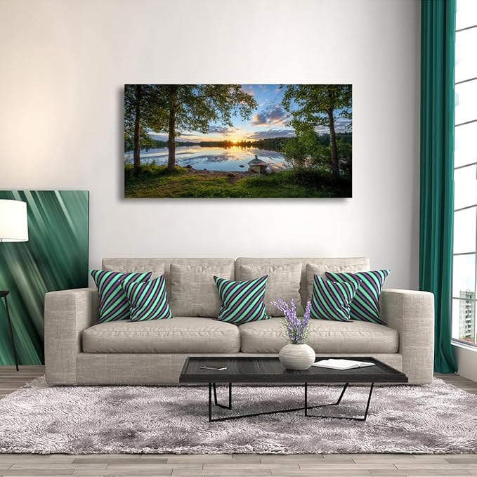 Tree Canvas Wall Art of a Sunrise Over a Forest Lake 20x40inches Nature Inspired Painting Perfect for Wall Decoration in Living Room and Bedroom Trees and Landscape Picture Artwork Prints