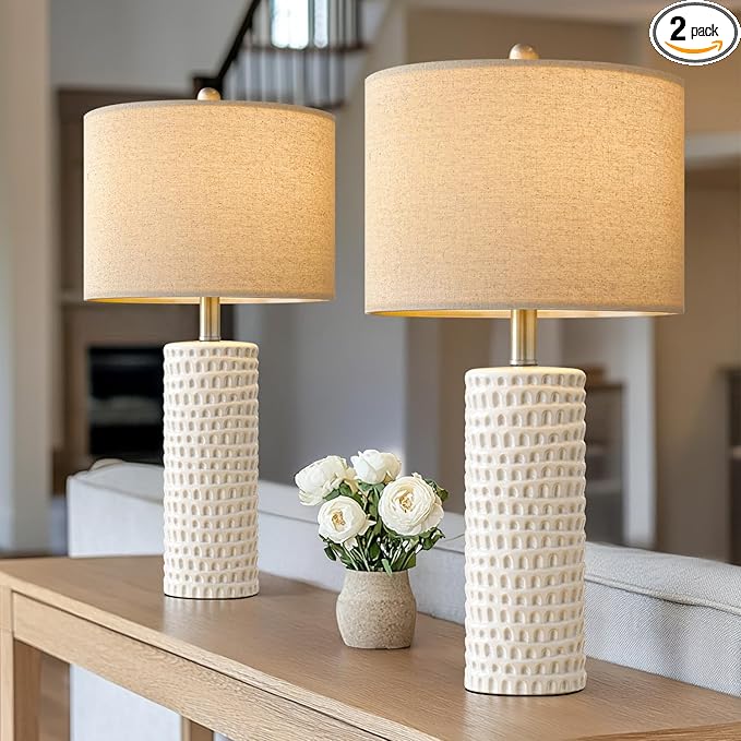 PORTRES 24" Farmhouse Ceramic Table Lamp Set of 2 for Bedroom Living Room White Desk Decor Bedside Lamps for Study Room Office Dorm Modern Accent Nightstand Lamp End Table Lamps