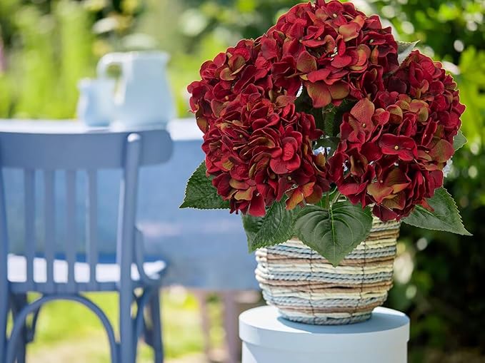 Red Hydrangea Artificial Flowers Large Artificial Hydrangeas Silk Dark Red Fall Flowers Faux Fall Burgundy Flower for Home Decor Indoor Wedding Bouquets Kitchen Centerpiece Table Decorations