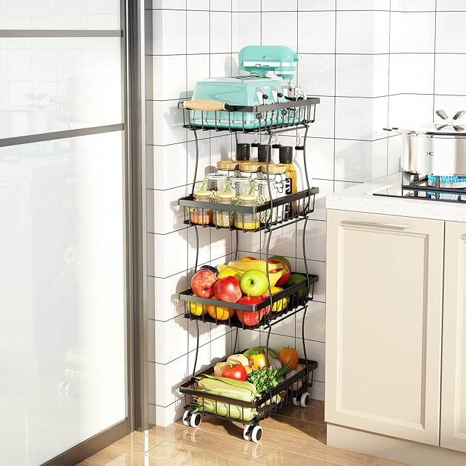 Fruit Vegetable Storage Basket for Kitchen - 4 Tier Slim Stackable Metal Wire Basket Cart with Rolling Wheels Utility Rack Onions Potatoes Organizer Bins for Kitchen Pantry Black