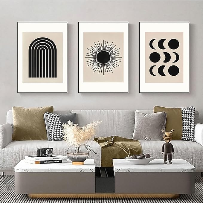 Modern Black Framed Canvas Wall Art Set,Black and White Beige Sun Moon Geometric Design Art Painting,Abstract Nature Artwork,Large Boho Wall Decor for Living Room,Bedroom,Office-24''x32''x3piece