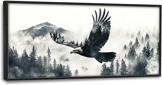 Framed Large Wall Art for Living Room, Flying Bald Eagle Canvas Wall Decor, Large Mountain Forest Pictures Framed Painting, Natural Landscape Artwork for Bedroom Office Home Decor 60L'' × 30W''