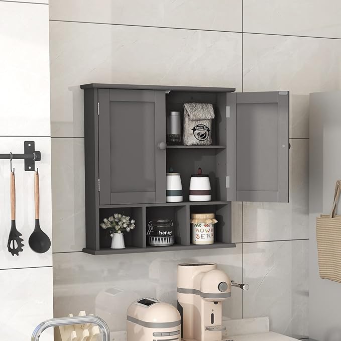 TaoHFE Grey Bathroom Cabinet with 2 Door Adjustable Shelves, Over The Toilet Storage, Wall Mounted Medicine Cabinet for Bathroom & Laundry Room
