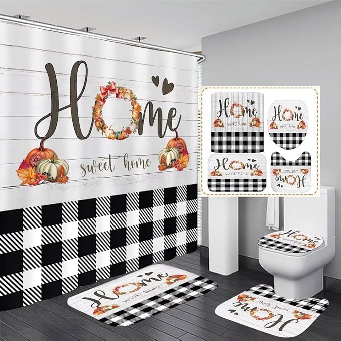 FZDHHY 4PCS Fall Bathroom Set Pumpkin Shower Curtain Set Thanksgiving Bathroom Decor Set Autumn Shower Curtains for Bathroom with 12 Hooks 72x72 inch