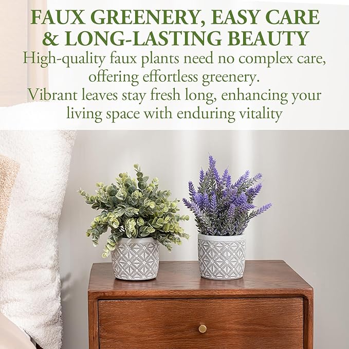 MyGift Artificial Potted Eucalyptus and Lavender Plant Faux Greenery in Modern Geometric Embossed Pattern Concrete Planter Pot, 2 Pc Set