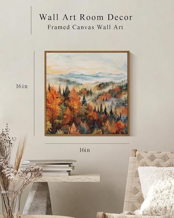 InSimSea Square Framed Canvas Wall Art, Classical Scenery Prints Landscape Pine Forest In The Morning Mist, Autumn Fall Home Wall Decor for Living Room, Bedroom, Bathroom, Office 16"x16"