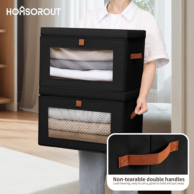 Collapsible Storage Bins - Large Stackable Organizer Bins, Decorative Boxes with Handles & Window, Fabric Containers for Living Room, Closet, Dorm, 2 Pack, Black